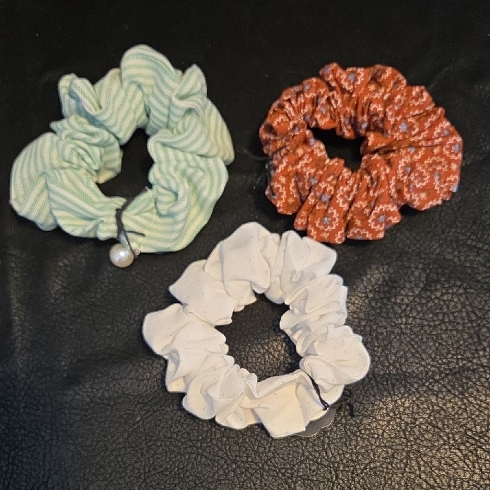 3 Handmade  Scrunchies - Green/White Stripe,rust/Denim Print and White/Pastel